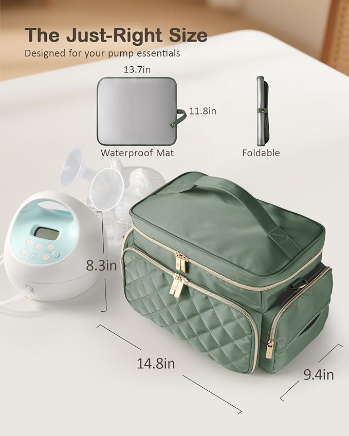 Breast Pump Bag Kit for Spectra S1/S2, Pumping Bag with Bottle Brush Set,10Pcs Flange Inserts for 24mm Flange, Nipple Ruler, Waterproof Mat, Pump Carrying Case for Work Travel, Sage Green