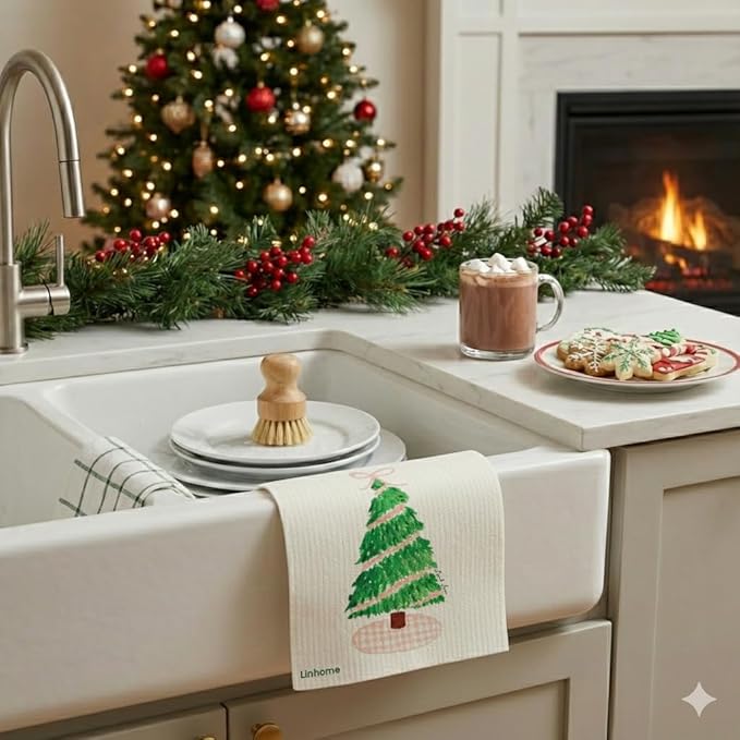 Christmas Holiday Swedish Dishcloth, Reusable Paper Towel, Super Absorbent Cellulose Sponge, Washable Kitchen Cleaning Cloth (Gingham Holiday Tree - 1 Pack)