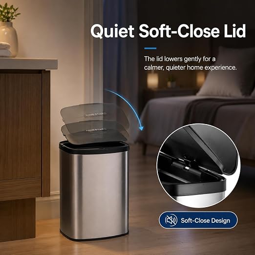 DZT-8-1 8L Stainless Steel Smart Trash Can with Motion Sensor | Touchless Auto-Open Lid | Compact Countertop Waste Bin for Bathroom, Kitchen & Office | Quiet Soft-Close | Battery Powered