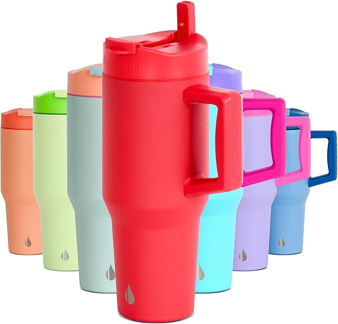 Elemental 32 oz 100% Leak Proof Tumbler with Handle & Straw - Stainless Steel Double Wall Insulated Tumbler for Hot and Cold Beverages - Travel Coffee Mug with Sip & Straw Lid - Red