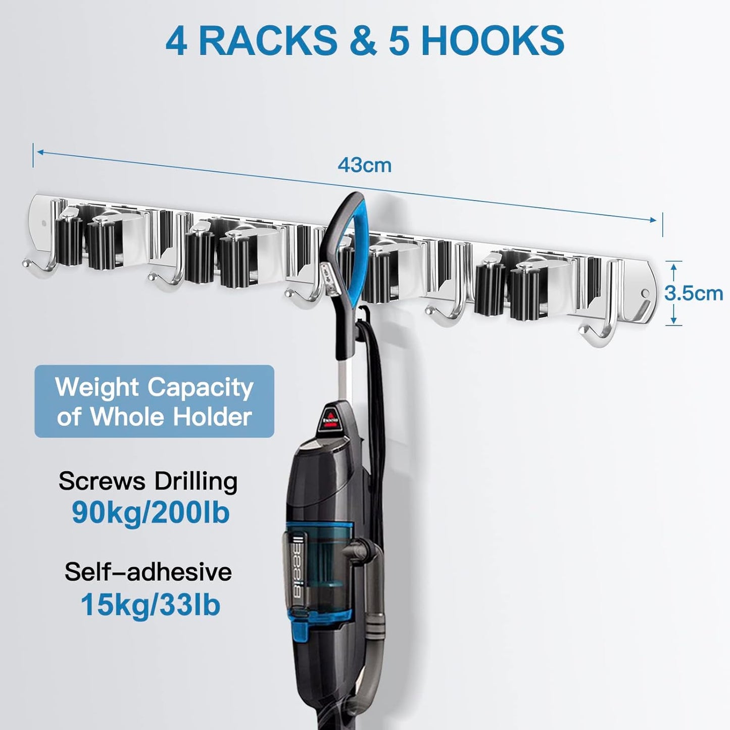 IMILLET 2 Broom Holder Wall Mounted, Stainless Steel Broom Mop Holder Self Adhesive Heavy Duty Hooks Storage Organizer for Home Laundry Room Garden Garage Closet Kitchen（4 Racks with 5 Hooks）