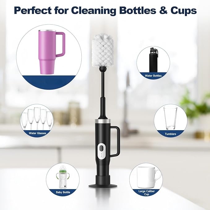 Rechargeable Electric Bottle & Cup Brush, 360° Thorough Cleaning Without Blind Spots, Suitable for Baby Bottles, 40-Ounce Mugs, Straws, Wine Glasses, etc., Easy to Air-Dry and Portable