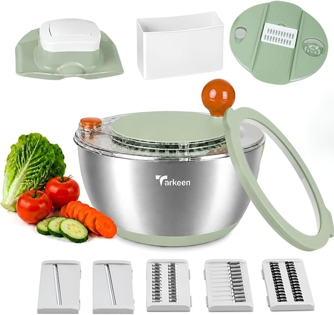 Stainless Steel Salad Spinner Large, BPA-Free Lettuce Spinner, 3-in-1 Salad Bowl & Fruit Cleaner with Non-Slip Base, Dishwasher Safe, 5 Blade Slicer & Egg Yolk Separator, 5.3Qt