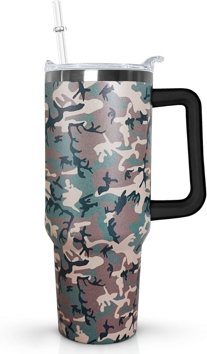 Ceovfoi 40 oz Camo Tumbler with Handle Lid and Straw, Hunting Gifts for Men Women,Camo Tumbler Travel Coffee Cup Mug Water Botter