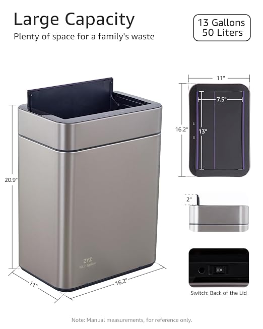 zyz Kitchen Trash Can 13 Gallon / 50L, Automatic Touchless Sensor Garbage Can with Butterfly Lid, USB Rechargeable 2400mAh Battery, Stainless Steel Soft-Close Trash Bin for Home (20 Count Trash Bags)