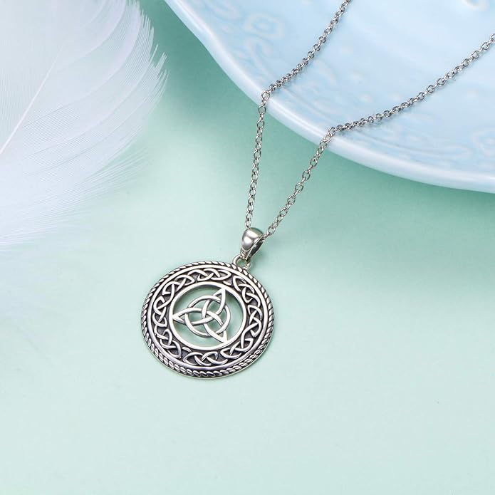 DAOCHONG 925 Sterling Silver Jewelry Oxidized Good Luck Irish Knot Celtic Medallion Round Pendant Necklace, 20 inch