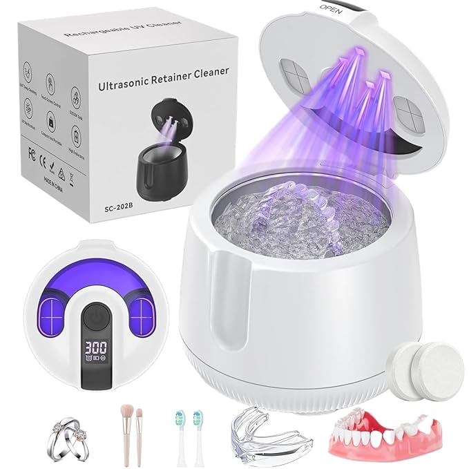 Ultrasonic Retainer Cleaner Machine 48kHz, Cordless Dental Cleaning Pod, Ultrasonic Retainer Cleaner for Aligners, Dentures, Mouth Guards, Toothbrush Heads and Jewelry with 200ML Capacity, LAB Supply