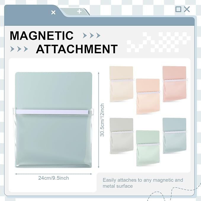 6 Pcs Magnetic File Holder Paper Holder Magnetic Pen Dry Erase Marker Organizer Magnet Pocket Pouch for Whiteboard Refrigerator, 12 x 9.5 in(Light Color)
