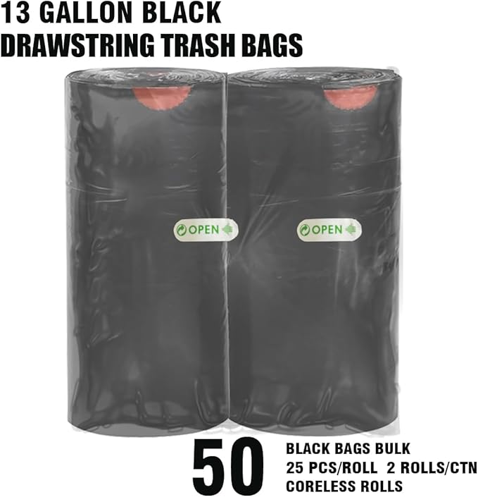 BEIDOU-PAC 13 Gallon Trash Bags Drawstring, 50 Count Bulk, Black & Unscented Garbage Bags, Multi-purpose Tall Kitchen Trash Bags Can Liners for Business Home Commercial and Industrial