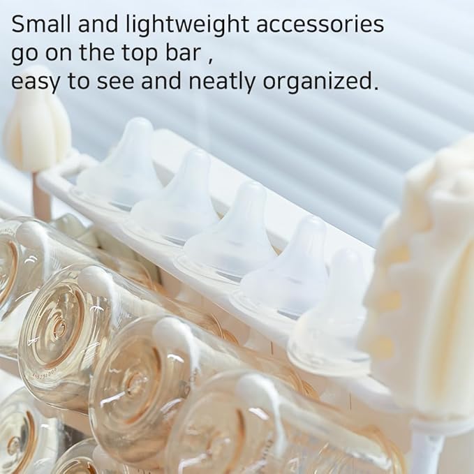 LUNELL Baby Bottle Drying Rack with 20 Hooks and Drip Tray, Large Space Saving Vertical Dryer Holder for Countertop, Storage Organizer for Pump Parts, Pacifiers, with Brush Holder, Ivory White
