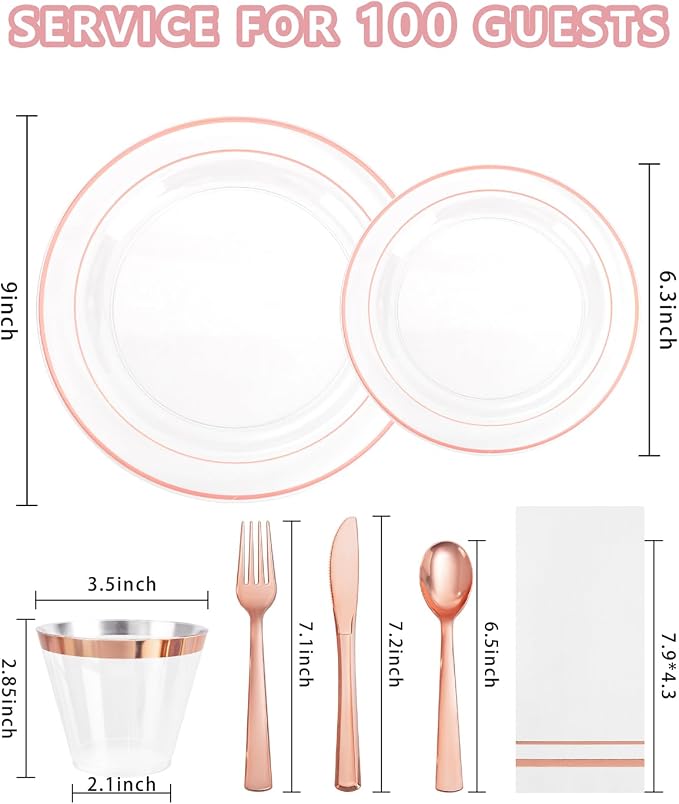 GATHER 700PCS Rose Gold Plastic Plates - Clear Rose Gold Rim Disposable Dinnerware Set Includes 200 Plates, 300 Silverware, 100 Napkins, 100 Cups for Party & Wedding