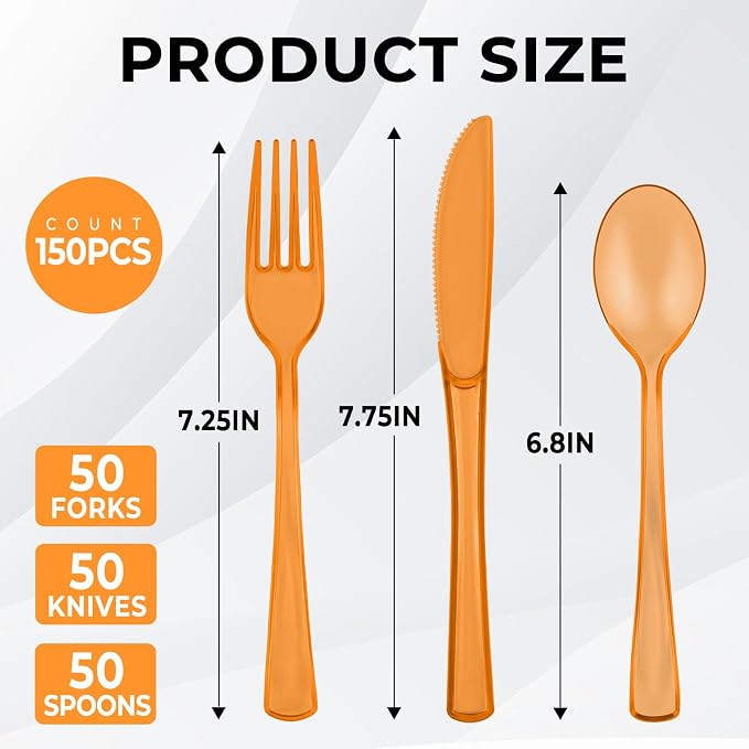 75 PCS Plastic Silverware Disposable Silverware Heavy Duty Utensil Sets 25 Of Each Forks Knives & Spoons Disposable Cutlery Set For Easter,Birthday,Baby Shower,Garden Party,Wedding(75,Orange)