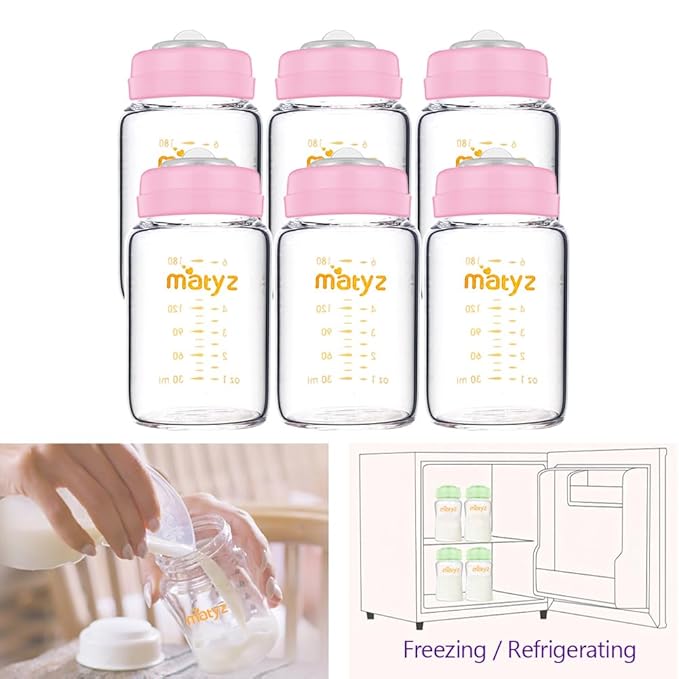 Matyz Glass Breastmilk Storage Containers, 6 Pack, 6 oz Bottle, Compatible with Spectra Medela Philips Pump - Freezer Safe Storage Bottles Set - Leakproof Glass Baby Bottles - No BPA (Pink Lids)