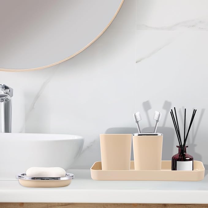 XLHOMO Beige Bathroom Set, Plastic 9-Piece Bathroom Set with Trash Can, Soap Dispenser, Toothbrush Holder, Toothbrush Cup, Soap Dish, Toilet Brush, Tray and Q-tip Holders for Bathroom/Housewarming