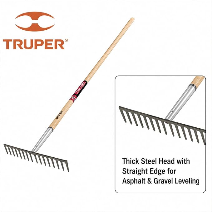 Truper TruPro 16-Tine Heavy-Duty Road Rake, 66-Inch Premium North American Ash Wood Long Handle, Professional Level Head Asphalt, Gravel, and Landscape Grading Tool (Model 33126 / R-16MXX)