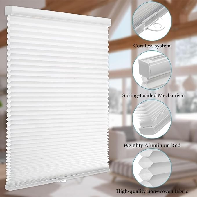 MYshade 1.5-Inch Cellular Cordless Light Filtering Shades, Honeycomb Window Blinds for Soft Daylight & Privacy, Thermal Insulation, Child Safe, Inside or Outside Mount (37" W x 64" H, White)