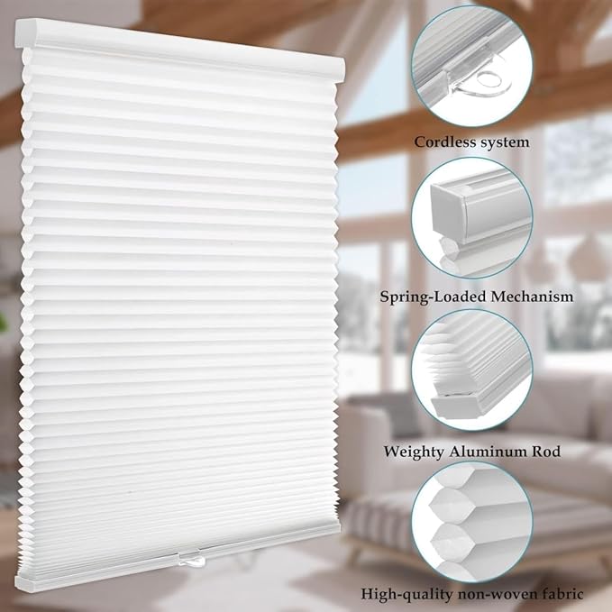 MYshade 1.5-Inch Cellular Cordless Light Filtering Shades, Honeycomb Window Blinds for Soft Daylight & Privacy, Thermal Insulation, Child Safe, Inside or Outside Mount (22" W x 64" H, White)