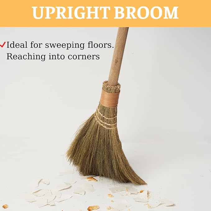 Handmade Vietnamese Straw Broom, Single Handle – Free Halloween Decoration Set, Witch Broom for Costume, Haunted House & Indoor Decor, Soft Grass Whisk Broom for Sweeping or Display