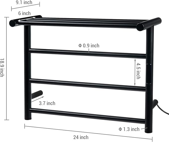 MyGift 4 Tier Wall Mounted Bathroom Towel Warmer Rack with Top Shelf and LED Panel, Premium Hotel Series Matte Black Stainless Steel Electric Heater for Warming Towels
