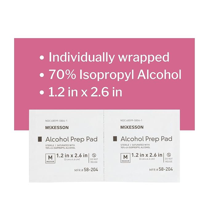 McKesson Alcohol Prep Pads, (400 Count) - Sterile, Individually Wrapped Wipes, 70% Isopropyl Alcohol, Medium Size, 2-Ply, Medical Grade, First Aid, 1 Box