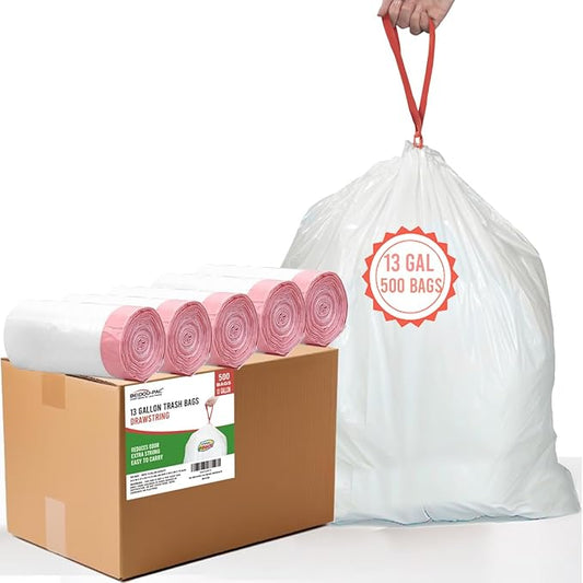 BEIDOU-PAC 13 Gallon Trash Bags Drawstring, 500 Count, White & Unscented Garbage Bags, Multi-purpose Tall Kitchen Trash Bags Can Liners for Business Home Commercial and Industrial
