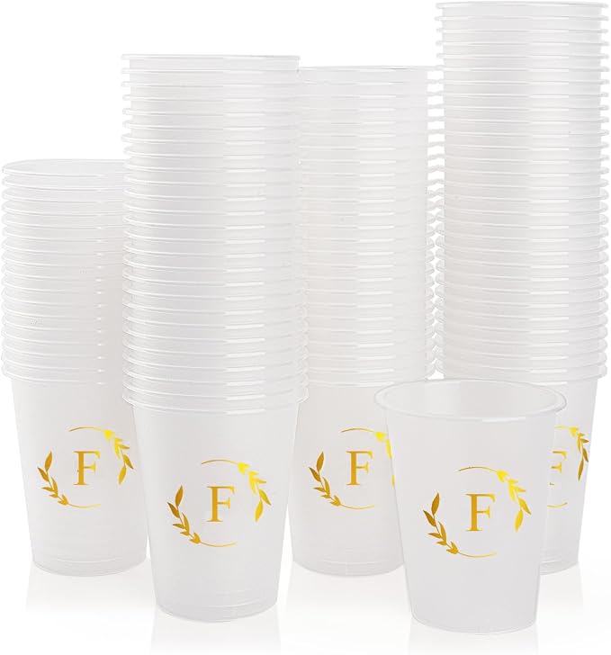100 Monogrammed Cups Disposable Initial Plastic Cup 12 oz Wedding Personalized Cup for Wedding Reception Baby Shower Birthday Party(Letter F)