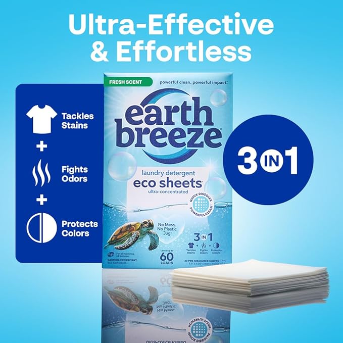 Earth Breeze Fresh Scent Laundry Detergent & Lavender Dryer Sheets Bundle – 3PK Laundry (180 Loads) + 2PK Dryer Sheets (240 Loads) – Made in USA, Hypoallergenic