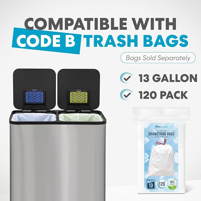 SIMPLI-Magic 21 Gallon (80L) Dual Compartment Kitchen Trash Can - Hands-Free Step Pedal, Soft-Close Lid, Stainless Steel Recycling Bin with Odor Filter (40L + 40L)