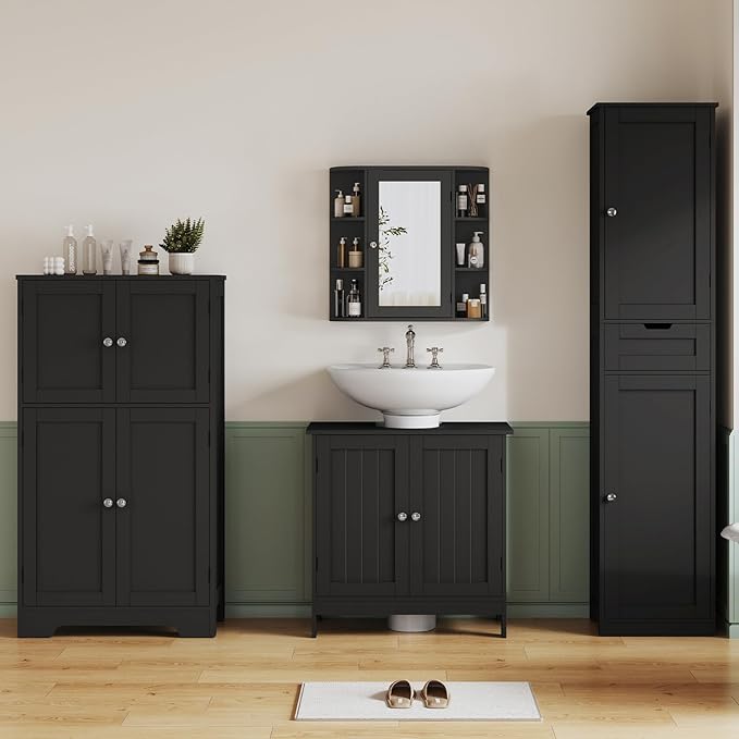 TEENFON Pedestal Sink Storage Cabinet, Under Sink Cabinet with 2 Doors & Shelf, Under Bathroom Sink Cabinet, Pedestal Sink Storage for Bathroom, Black