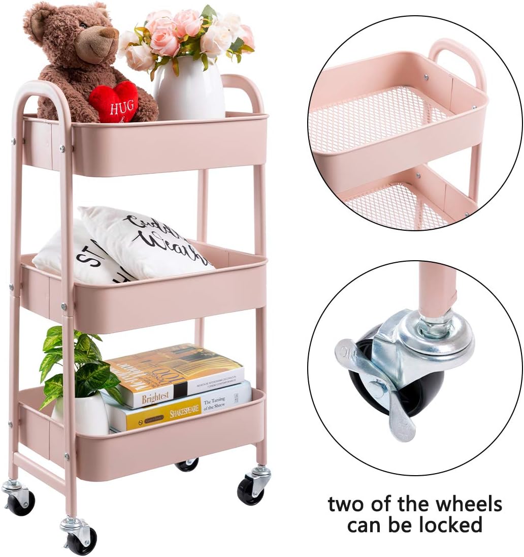 AGTEK Makeup Cart, Movable Rolling Organizer Cart, 3 Tier Metal Utility Cart, Rosiness