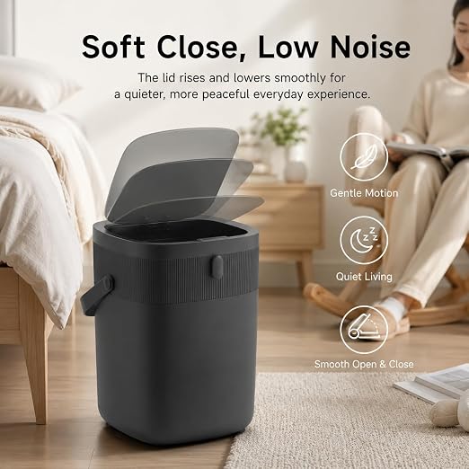 WM-DZT-12-36S Smart Motion Sensor Trash Can, Ultra-Quiet Soft-Close | Long Battery Life | Built-in Bag Storage & Portable PU Handle (Black)