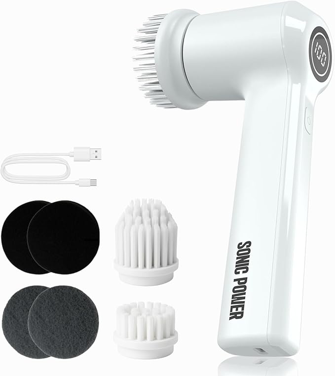 SonicPower Electric Spin Scrubber – Handheld & Ergonomic, IPX7 Waterproof, 4 Multi-Purpose Brush Heads, Long-Lasting Rechargeable Battery – Cleans Dishes, Bathroom, Tile, Grout & Kitchen (White)