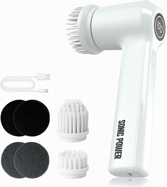 SonicPower Electric Spin Scrubber – Handheld & Ergonomic, IPX7 Waterproof, 4 Multi-Purpose Brush Heads, Long-Lasting Rechargeable Battery – Cleans Dishes, Bathroom, Tile, Grout & Kitchen (White)