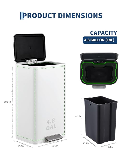 GarveeHome 4.8 Gallon Trash Can, Rectangular Stainless Steel Waste Bin with Quiet Foot Pedal, Soft-Close Lid & Removable Bucket, White Garbage Can for Office, Small Kitchen, Home