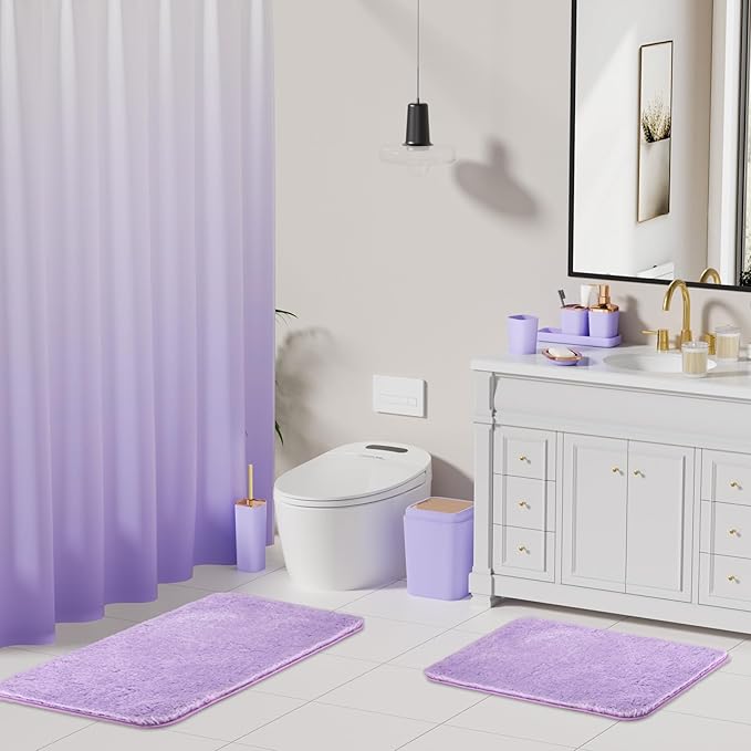 XLHOMO Bathroom Accessory Set–Bathroom Sets with Shower Curtain and Rugs, Non Slip Bathroom Rugs Super Absorbent, Light Purple Ombre Shower Curtain with Hooks, Lavender Bathroom Sets Complete for Home