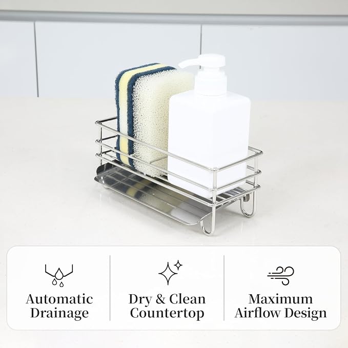 INEX Scrubber & Detergent Drain Shelf Sink Caddy (Stainless Steel, 3.3" H x 7.8" W x 3.9" D)