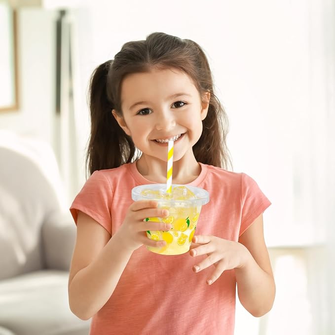 FYSUIMU 100Pcs Lemon Disposable Plastic Cups with Lids and Straws 9Oz Cute Yellow Lemonade Cold Beverage Drinking Cups for Summer Birthday Baby Shower Party Supplies