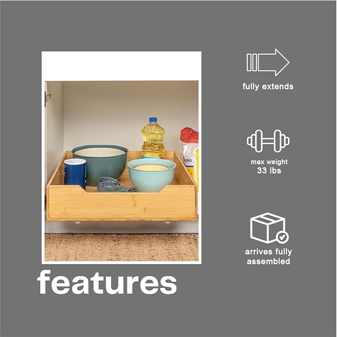Household Essentials Glidez Bamboo and Steel Pull-Out/Slide-Out Storage Organizer for Under Cabinet Use - 1-Tier Design - Fits Standard Size Cabinet or Shelf, Natural
