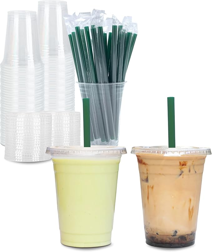 [100 Sets] 12 oz Clear Plastic Cups with Lids and STRAWS, Disposable Party Cups for To Go Iced Coffee Cold Drinks, Smoothie, Juice, Parfait, Frappuccino, Milkshake. No Leaking Fruit Cup