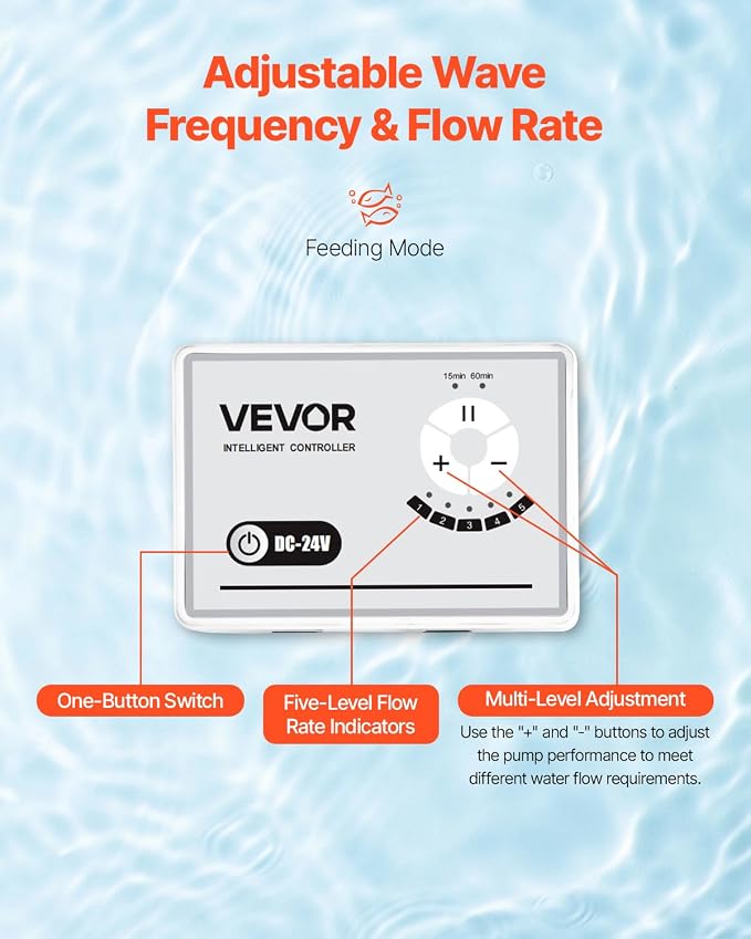 VEVOR Aquarium 24V DC Water Pump, 100W, 2642 GPH Marine Wavemaker Return Pump with Controller, Adjustable Flow, Feed Mode, 19.7 ft Max Lift, for Saltwater Freshwater Fish Tank Sump Pond Circulation