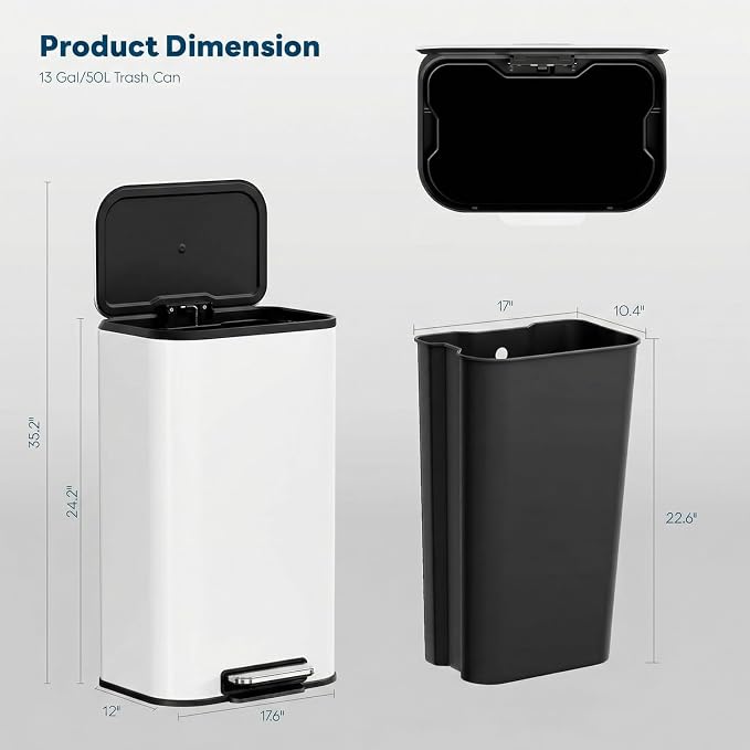 8 Gal/13.2 Gal Stainless Steel Kitchen Trash Can, Step Garbage Can with Soft-Close Lid & Removable Inner Bucket, Fingerprint-Proof Waste Bin with Wide Non-Slip Pedal for Home Office Bathroom