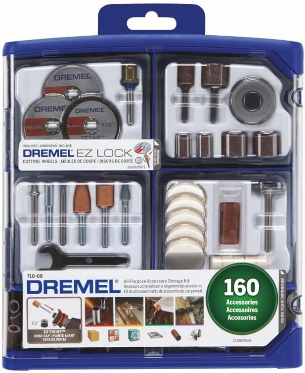 Dremel 160-Piece Rotary Tool Accessory Kit with EZ Lock Technology - 1/8" Shank - Cutting Bits, Polishing Wheel and Compound, Sanding Drums and Sanding Discs (710-08)