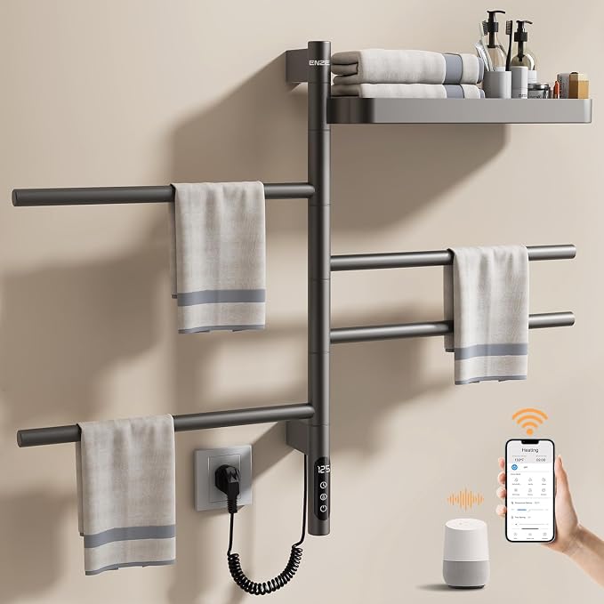 ENZE Smart Rotating Heated Towel Rack for Bathroom, 4-Bar Wall-Mounted Electric Towel Warmer with Swivel Shelf, Wi-Fi App Control, 24H Timer, Stainless Steel, IPX5, Hardwired/Plug-in, Gray