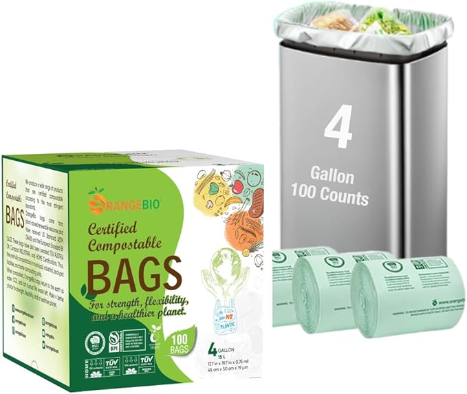 OrangeBio 4 Gallon Compostable Trash Bags, 100 Count, Small Bin Liners for Kitchen, Bathroom & Food Waste, Plant-Based Garbage Bags, BPI & TÜV OK Compost Home Certified