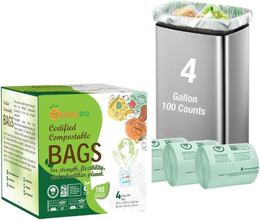OrangeBio 4 Gallon Compostable Trash Bags, 100 Count, Small Bin Liners for Kitchen, Bathroom & Food Waste, Plant-Based Garbage Bags, BPI & TÜV OK Compost Home Certified