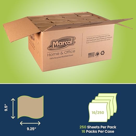 Marcal® Multifold Paper Towels (H3250N), 9.25” x 9.5” sheets, Brown, (250 Sheets/Pack, 16 Packs/Case, 4,000 Sheets/Case), Perfect for Home & Office, Away-from-Home Products, Paper Towels Bulk