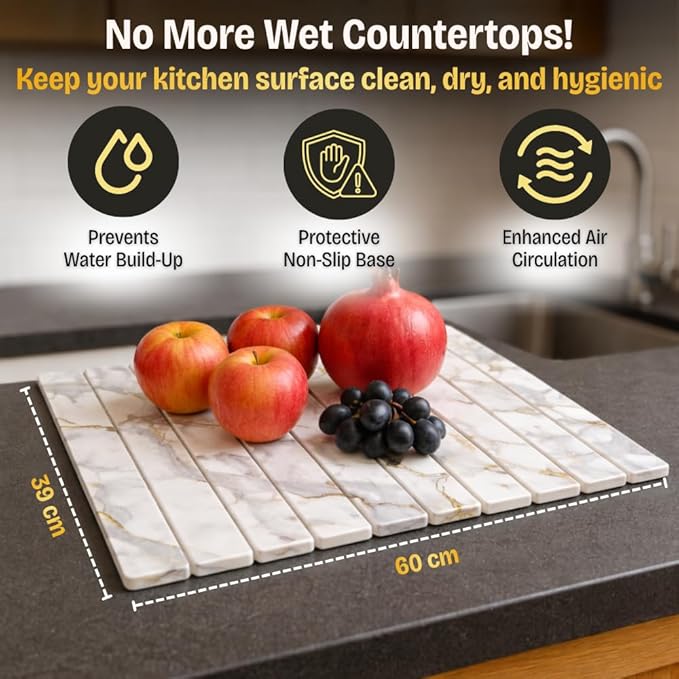 Large Stone Dish Drying Mat for Kitchen Counter, Foldable 24"×16" Diatomaceous Earth Mat, Super Absorbent Marble Stone Drying Pad for Dishes, Cups, Bottles (White Marble)