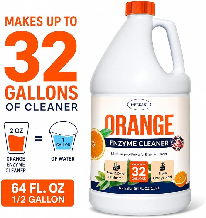 Multi-Purpose Probiotic Enzyme orange Cleaner, 1/2 Gallon (64 oz.) - Pet Stain and Odor Remover - Concentrated - Professional & Home Strength Drains, Floors, Bathrooms, Toilets Trash Can, Made in USA