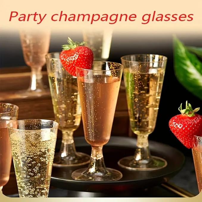 25 Pack Plastic Champagne Flutes 5.5oz Gold Glitter Disposable Suitable for Wedding, Birthday Party, Thanksgiving Day, Christmas Supplies