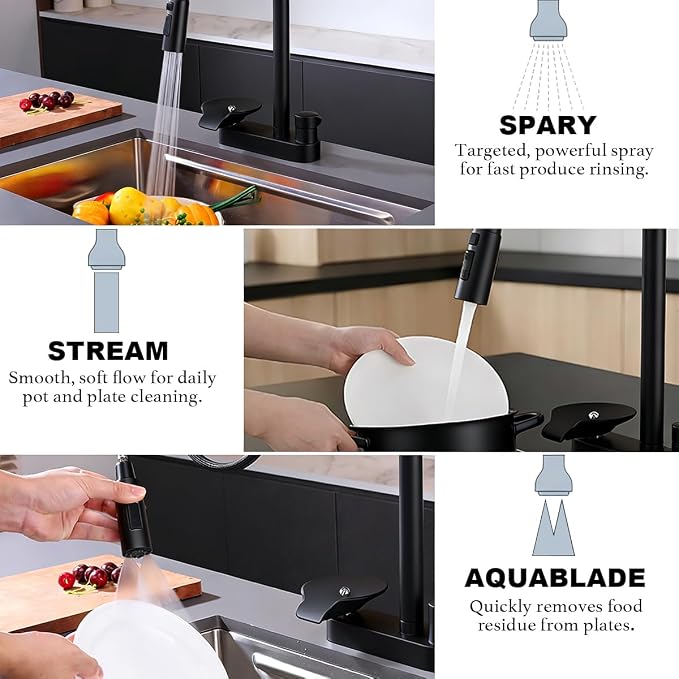 Kitchen Faucet with Pull Down Sprayer & Cup Washer, Glass Rinser Faucet for Kitchen Sink, Lead-Free Brass Waterway, 3 Spray Modes Single Handle, Single Hole for Sink Farmhouse RV Bar Black